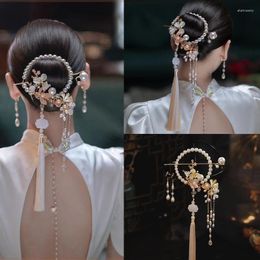 Hair Clips Chinese National Style Tiara Tassel Back Pressed Hoop Earrings Sets Ancient Hairpins Cheongsam Wedding Accessories
