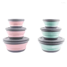 Bowls 3Pcs Folding Bowl Outdoor Camping Servies Sets Lunchbox With Lid Solid Color Nature Hike Cooking Supplies