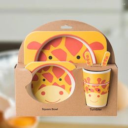 Plates 5Pcs Kids Dinnerware Set Giraffe Divided Plate Bowl Water Cup Spoon Fork Cartoon Tableware Flatware For Toddler Shower