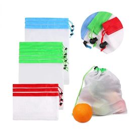 12pcs Colourful Reusable Fruit Vegetable Bags Net Bag Produce Washable Mesh Bags Kitchen Storage Bags Toys Sundries 240125