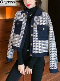 Autumn Fashion Tweed Jacket Women Casual Contrast Color Splicing Diamond Plaid Bomber Coat Vintage Loose Outwear 240124
