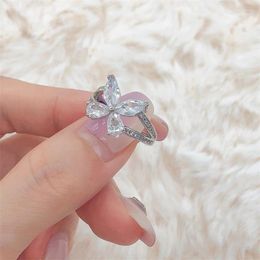 Wedding Rings Japanese-style Light Luxury Sweet White Crystal Butterfly Open Ring 925 Sterling Silver Anti-allergic And Non-fading Jewelry