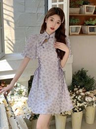 Ethnic Clothing Chinese Improved Qipao Skirt Sweet Jacquard Lady Dress Bubble Sleeve Short Summer Graceful Daily