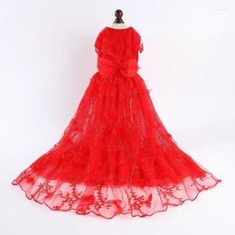 Dog Apparel Handmade Luxury Clothes Red Wedding Dress Trailing Pet Gown Embroider Lace Flowers Simple Design Marriage Party One Piece