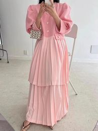 Casual Dresses SuperAen 2024 Korean Chic Spring Sweet Round Neck Love Button Decoration Spliced Pleated Dress