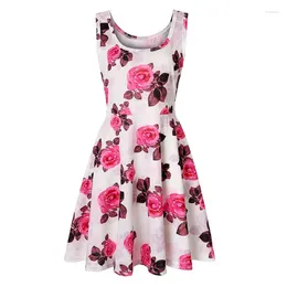 Casual Dresses Summer Women Pink Rose Print Sleeveless Square Collar Spaghetti Straps Beach Holidy Big Hem