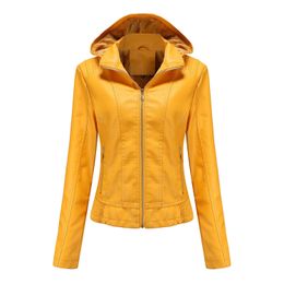 Autumn and Winter Hooded Leather Jacket Womens Removable Hat Zipper Long-sleeved Velvet Warm PU Leather Slim Coat S-3XL 240126