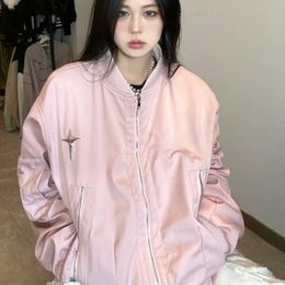 Deeptown Vintage Bomber Jacket Women Oversized Harajuku Fashion Streetwear Star Girl Y2k Pink Baseball Jackets Korean Outdoor 240201