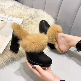 Baotou Fur High Heel Slippers Winter Luxury Design Rabbit Hair Fashion Thick Heel Waterproof Platform Heel Shoes Female 240118