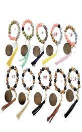 Silicone Wooden Beaded Leopard Wristlet Bracelet PU Leather Tassel Bracelets Bangle Wood Beads Wristband Key Ring Keychains Wrist 6800264