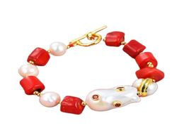 GuaiGuai Jewelry Red Coral White Pearl White Keshi Pearl Cz pave Connector Bracelet Handmade For Women Real Lady Fashion Jewellry4563654