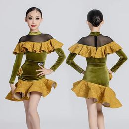 Stage Wear Green Velvet Latin Dance Clothes Girls Performance Costume Bodysuit Skirt ChaCha Samba Clothing Kids Practise Suit VDB7659