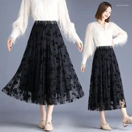 Skirts Flocked Mesh Summer Autumn High Waist Thin Broken Flowers Versatile Half Length Korean A-word Fairy Pleated Skirt