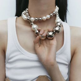 ZA Fashion Double Layer Imitation Pearls Large Collar Choker Necklace Women Silver Colour Acrylic Beads Jewellery 240125
