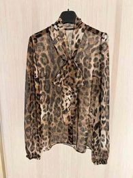 Women's Blouses Sexy 2024 Fashion Wild Charm Leopard Print Ribbon Silk Shirt Slim Underlay