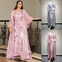 Ethnic Clothing 3 Piece Set Women Muslim Dubai Arab Outfit Kimono Open Abaya Vest Dresses Feather Sleeve Islamic Wedding Evening Gown