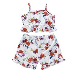 Girls Cotton Blends Rose Print Suspender Belt Tops and Short Trousers Set Twopiece Children Summer Sleeveless TShirt and Short P4138557