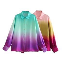 Taop Za Early Spring Product Womens Fashion and Casual Versatile Loose Polo Collar Long Sleeve Tie Dyed Printed Shirt 240127