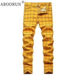 ABOORUN Men Casual Plaid Striped Jeans Skinny Stretch Pencil Denim Pants Plus Size Cotton Trousers for Male 240125