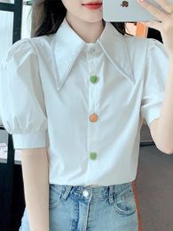 Women's Blouses Women Shirts French Vintage Blouse Spring Button Up Shirt Pointed Collar Long Puff Sleeve Pearl Slim White Tops