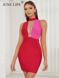 Casual Dresses JUNE LIPS 2024 Summer Bandage Dress Sleeveless Hanging Neck Mesh Splice Sequin Sexy Women's Long Prom