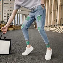 Men's Jeans Trousers Slim Fit Torn With Holes Man Cowboy Pants Cropped Broken Ripped Tight Pipe Skinny Summer 2024 Korean Autumn