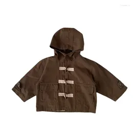 Jackets Japanese Vintage Children's Windbreaker Autumn Boys' Coat Sheep Horn Button Design Hooded Kids Trench Outerwear
