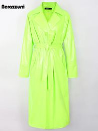 Nerazzurri Spring Autumn Long Oversized Bright Green Pink Patent Leather Trench Coat for Women Sashes Luxury Designer Clothes 240129
