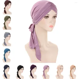 Ethnic Clothing Muslim Women Stretch Solid Forhead Cross Turban Hat Cancer Chemo Beanies Caps Pre-Tied Scarf Headwear Headwrap Hair