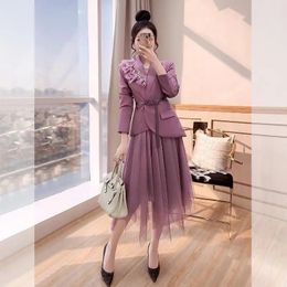 Insozkdg Spring Autumn Office Lady Casual Belt Jacket Blazers Womens Asymmetry Mesh Tulle Skirt Suits Temperament Slim Sets 240202