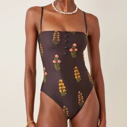 Womens Swimsuit Square Neck Slimming Bodysuit Printed Embroidered Beach Bathing Suit Chic Sexy Skinny Pool Wear 240131