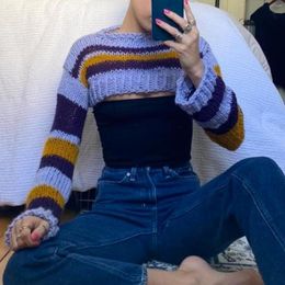 Women's T Shirts Chic Vintage Girl Striped Knitted Hollow Out Smock Tees Y2K Aesthetic Harajuku Crop Top 2000s Retro Crochet T-shirt Clothes