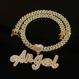 Grandbling Custom Name Necklace with Heart Rhinestone Cuban Chain Word Necklace Iced Out CZ Personalized Hiphop Jewelry 240125