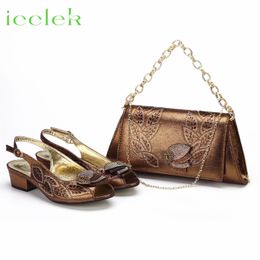 est INS Style Brown Colour Elegant Low Heels Nigeria Design African Ladies Shoes And Bag Set for Wedding Party 240130