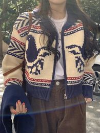 Women Zip Up Knitted Cardigan Vintage Nordic Print Cropped with Zipper Sweater Korean Chic Autumn Winter Outfit 240202