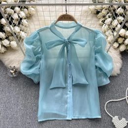 Women's Blouses Korean Fashion Summer Lace-Up Bow Chiffon Shirt Black Tops Chic Puff Short Sleeve Single-Breasted White 6 Colours