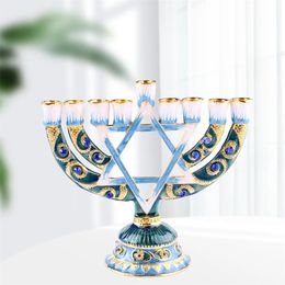 Metal Candle Holders Hanukkah Menorah Candelabra Hand Painted Enamel Candlesticks Home Decor Party Festival Candleholder Gifts 240125