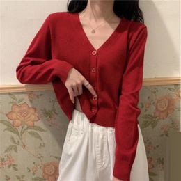 Women's Knits 2024 Autumn Women Knitted Sweater Cardigan Female Short Cardigans V-Neck Long Sleeve Jacket Coat Ladies Outerwear