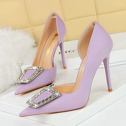 Dress Shoes 2024 Fashion Women 10.5cm Thin High Heels Office Lady Crystal Metal Buckle Shallow Pumps Purple Pointy Toe Party