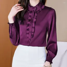 Women's Blouses Female Solid Color Stand Collar Ruffles Blouse Autumn Commute Edible Tree Stylish Single-breasted Silk Folds Shirt