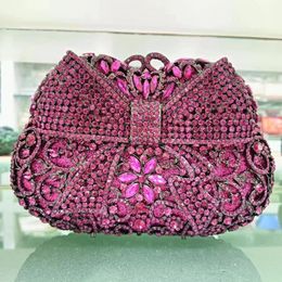 Fushia Women Crystal Flower Evening Clutch Bag Party Cocktail Rhinestone Handbag Bridal Wedding Clutch Purss Chain Shoulder Bag 240130