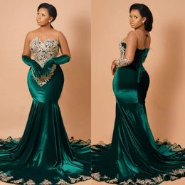 Hunter Green Aso Ebi Prom Dresses Sheer Neck Velvet Mermaid Evening Dress Formal Dresses Appliqued Lace Beaded Birthday Dress Second Reception Gowns AM394