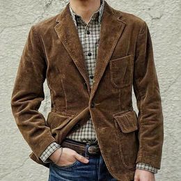 Autumn Winter Mens Coat Jackets Corduroy Casual Suits With Shoulder Pads Fashion Lapel LongSleeved Solid Jacket Model 240124