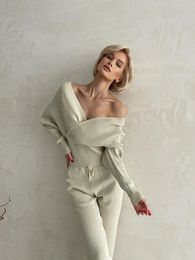 Sexy Off Shoulder Knitted Two Piece Set Women Long Sleeve Sport Tracksuit 2 Piece Sweater Pants Suits Matching Sets For Women 240124