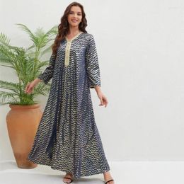 Ethnic Clothing Casual Ladies Robe Maxi Dress Muslim African Long Sleeve V Neck Loose Printed Classic 2024 Fall Vestidos XL