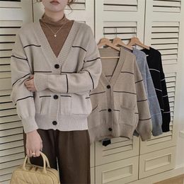 Women's Knits Black Women Clothing Knitting Sweater Long Sleeves Vintage V-neck Cashmere Cardigan Fashion Grey Female Spring Stripe Tops