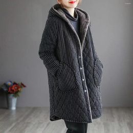 Women's Trench Coats Winter Cotton-padded Jacket Casual Hooded Quilted Thicken Plus Velvet Female Outerwear Stripe Long Parkas Clothing