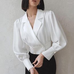 Women's Blouses Fashion Long Sleeve Office White Blouse Woman Korean Double Breasted Slim Women Shirts Notched Collar Casual Short Tops