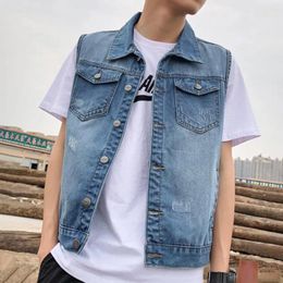 Men's Vests Men Lapel Sleeveless Cowboy Denim Jeans Vest Jacket Coats Blue Ripped Holes Pockets Single Breasted Loose Male Casual Waistcoat