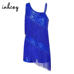 Stage Wear Kids Girls Glitter Sequins Tassel Jazz Latin Dance Leotard Modern Ballroom Costume Salsa Samba Rumba Cha Tango Dancing Dress